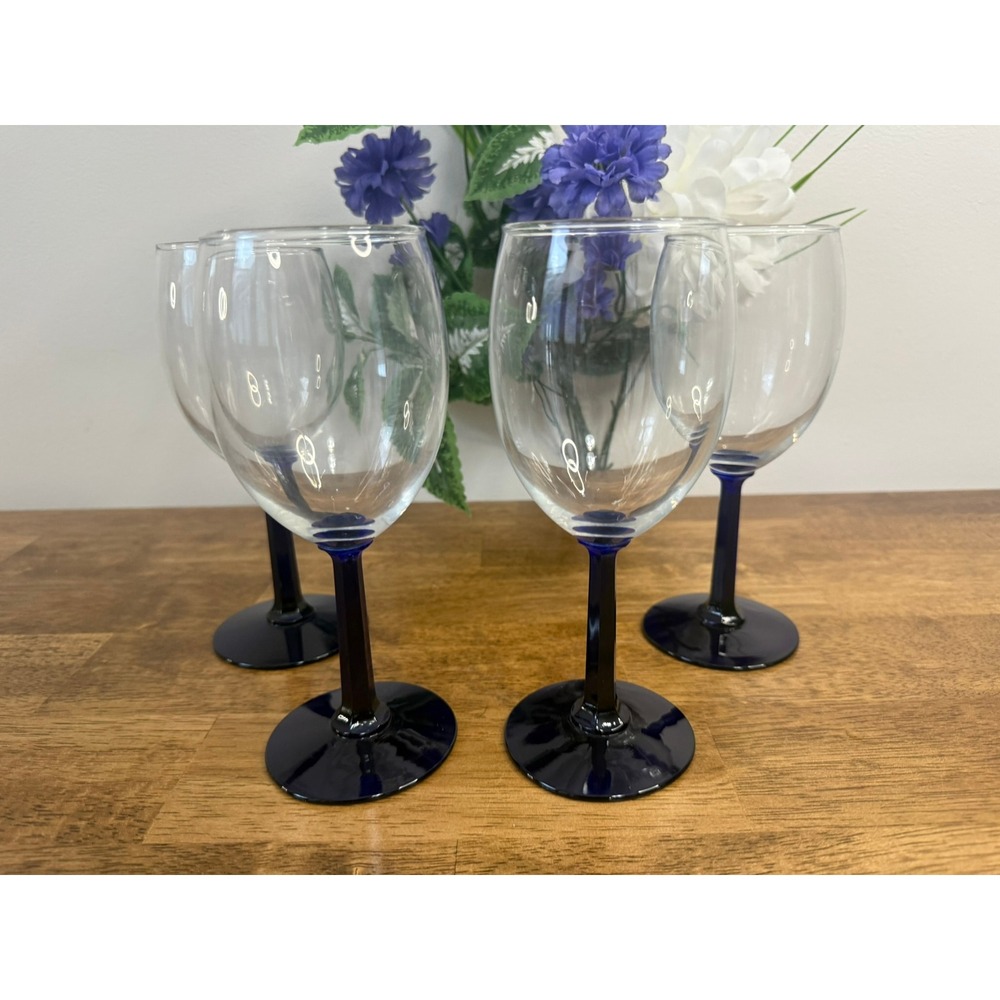 Vintage Cobalt Blue Stem Wine Glasses‎ Clear Bowl Elegant Barware Set Retro Bar